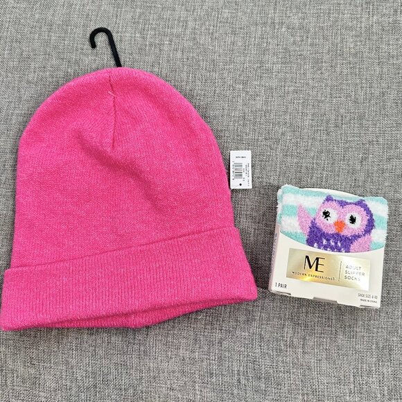 NEW! Old Navy Pink Beanie Hat (One Size) & Owl Slipper Socks 1 Pair Size 4-10 - Picture 1 of 8